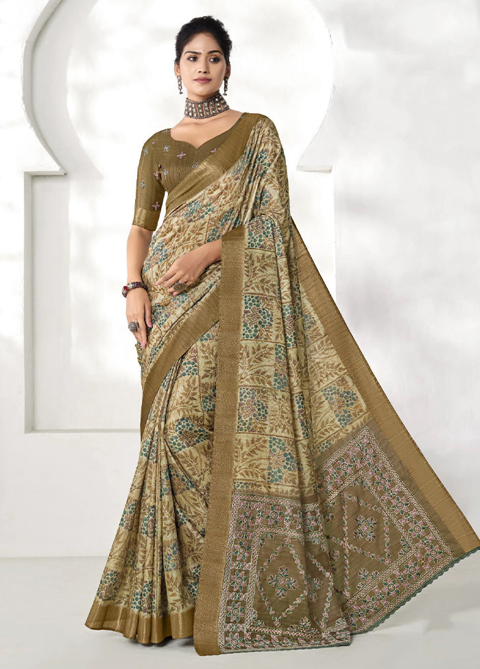 Olive Green Spun Silk Saree With Blouse Piece