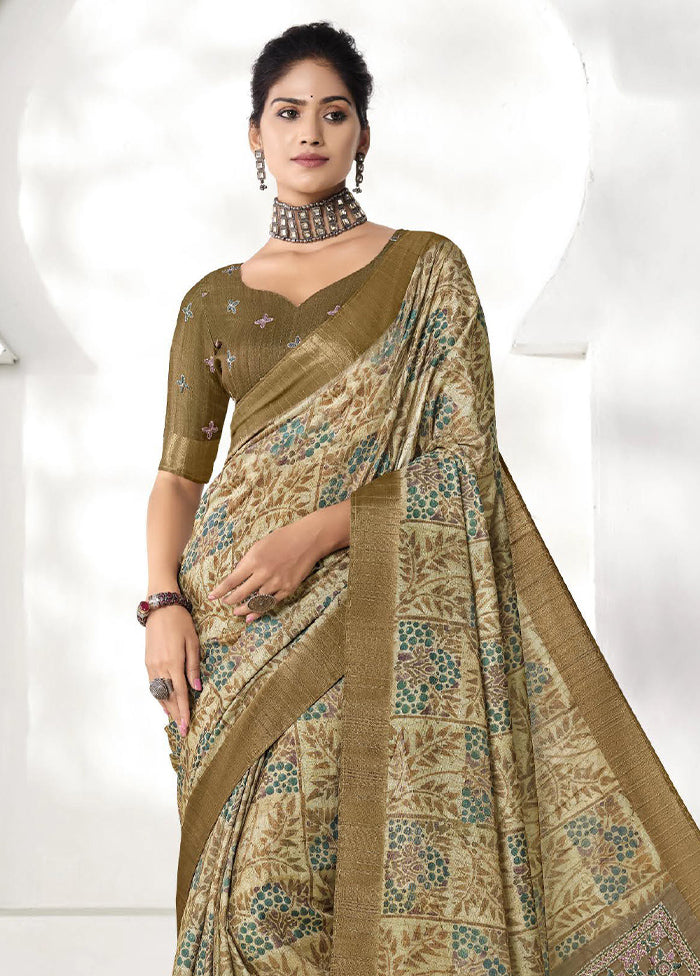 Olive Green Spun Silk Saree With Blouse Piece