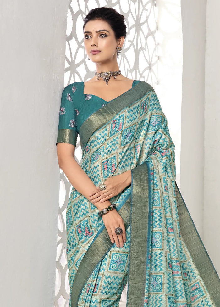 Turquoise Spun Silk Saree With Blouse Piece