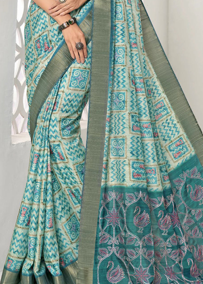 Turquoise Spun Silk Saree With Blouse Piece