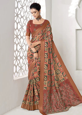 Multicolor Spun Silk Saree With Blouse Piece