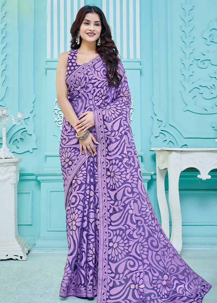 Purple Crepe Silk Saree With Blouse Piece