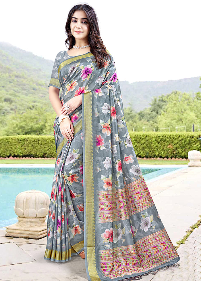 Grey Spun Silk Saree With Blouse Piece