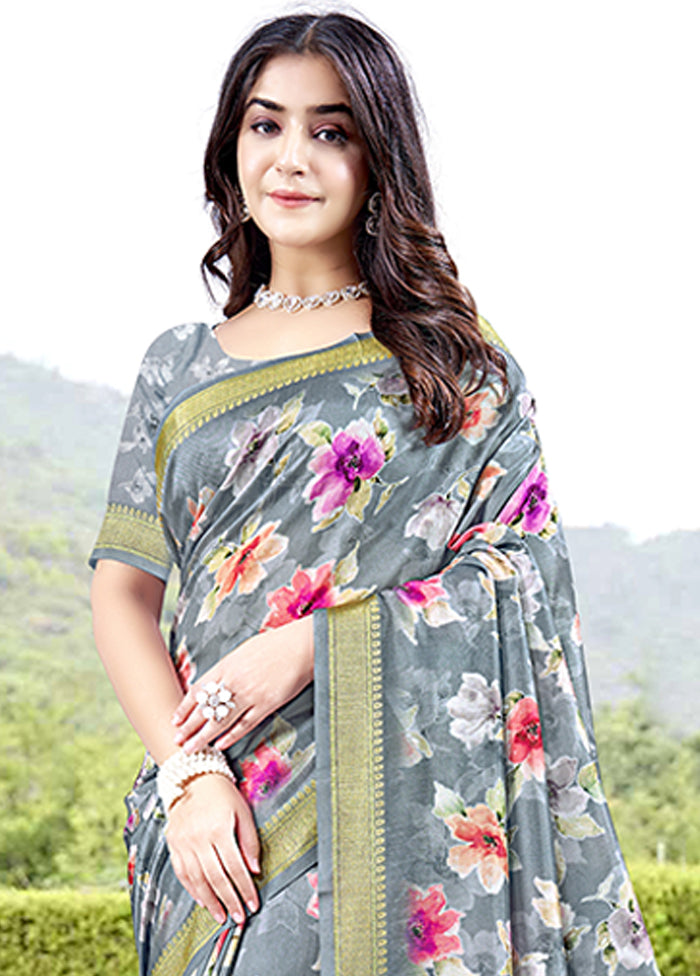 Grey Spun Silk Saree With Blouse Piece