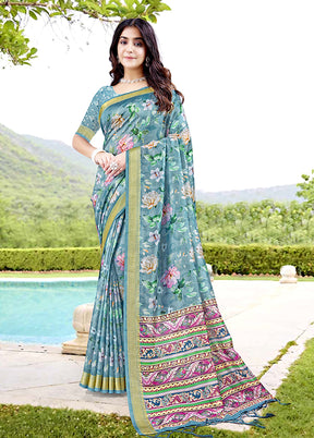 Turquoise Spun Silk Saree With Blouse Piece