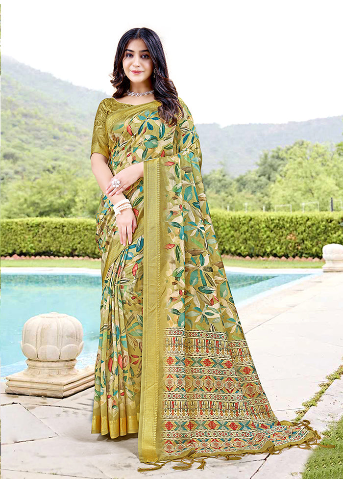 Olive Green Spun Silk Saree With Blouse Piece