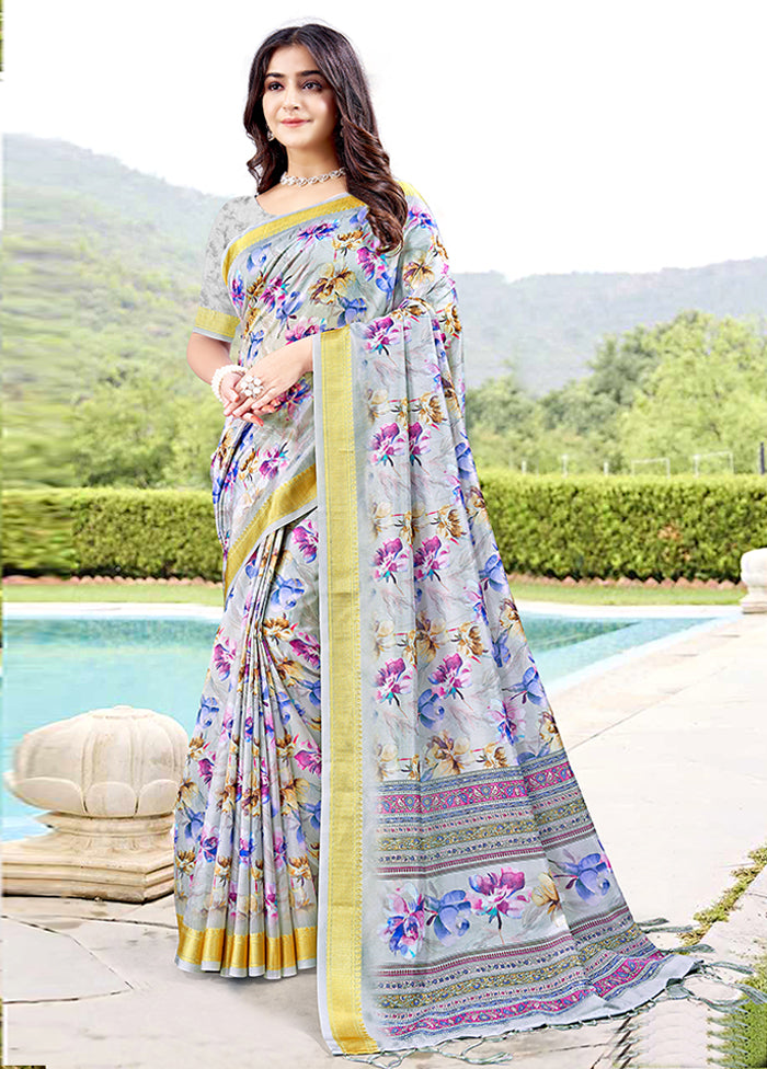 Grey Spun Silk Saree With Blouse Piece