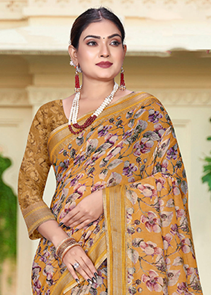 Mustard Chanderi Silk Saree With Blouse Piece