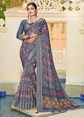 Grey Chanderi Silk Saree With Blouse Piece