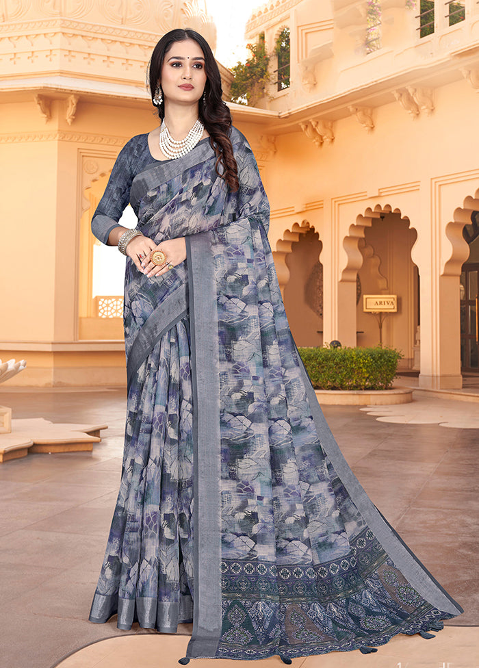 Grey Linen Silk Saree With Blouse Piece