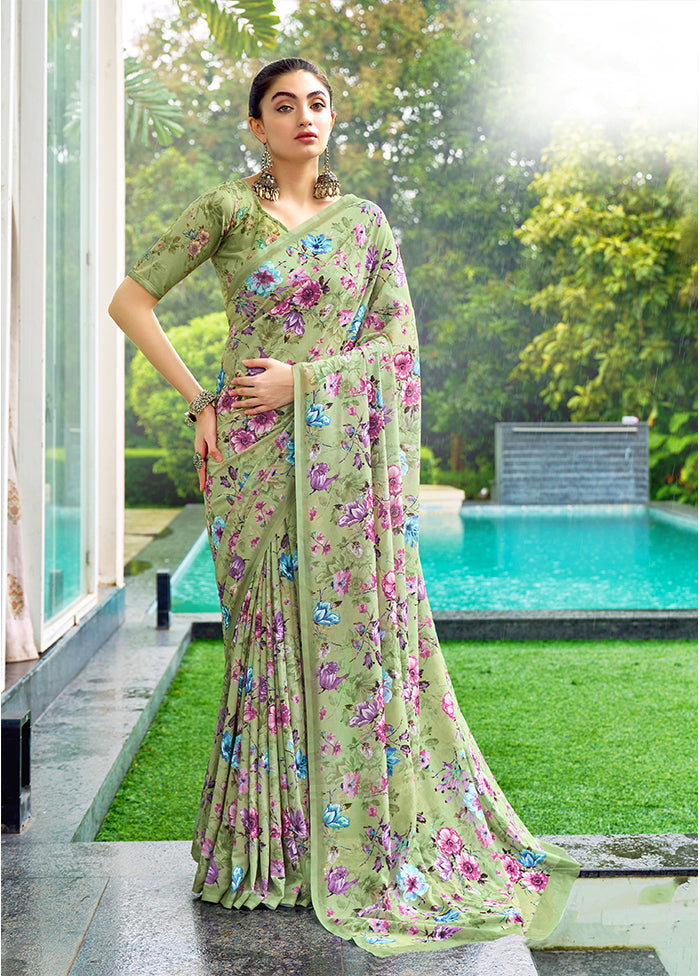 Pista Green Georgette Saree With Blouse Piece