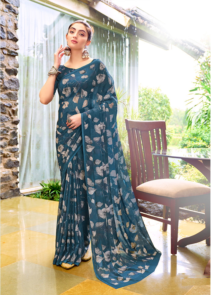 Teal Blue Georgette Saree With Blouse Piece