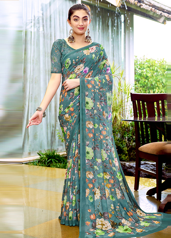 Turquoise Georgette Saree With Blouse Piece