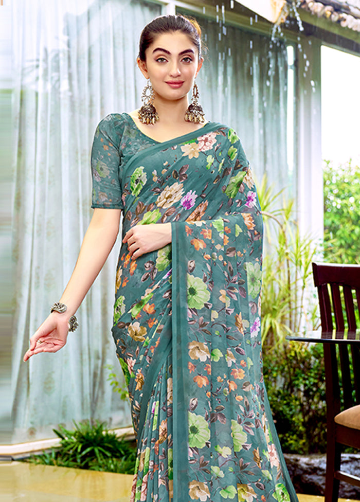 Turquoise Georgette Saree With Blouse Piece