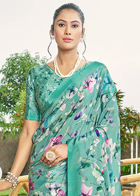 Turquoise Crepe Silk Saree With Blouse Piece