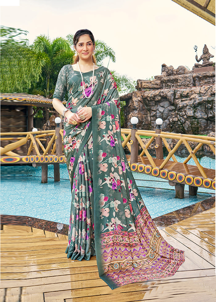 Teal Green Crepe Silk Saree With Blouse Piece