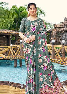 Teal Green Crepe Silk Saree With Blouse Piece