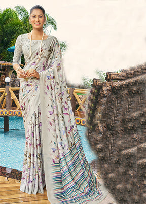 Grey Crepe Silk Saree With Blouse Piece