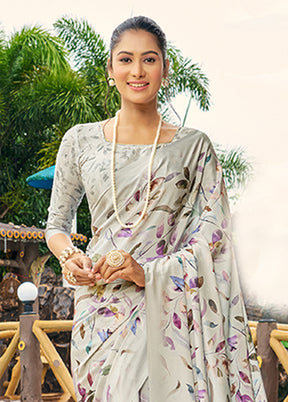 Grey Crepe Silk Saree With Blouse Piece