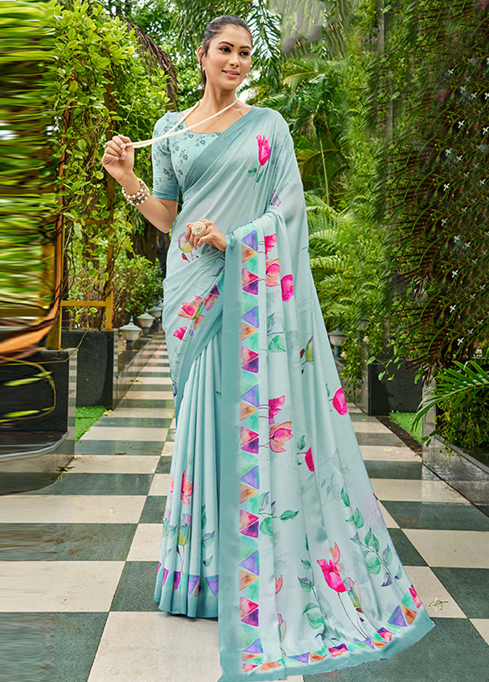 Turquoise Crepe Silk Saree With Blouse Piece