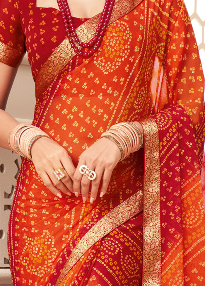 Orange Chiffon Printed Work Saree With Blouse - Indian Silk House Agencies