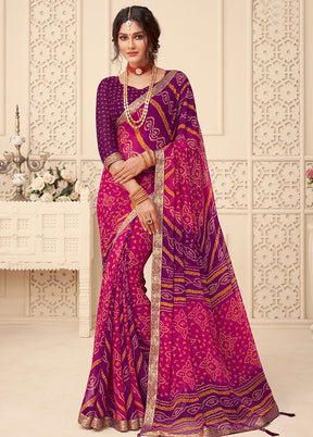 Pink And Purple Chiffon Printed Work Saree With Blouse - Indian Silk House Agencies