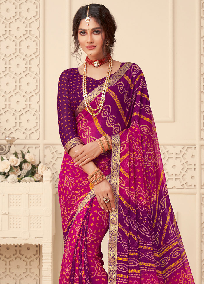 Pink And Purple Chiffon Printed Work Saree With Blouse - Indian Silk House Agencies
