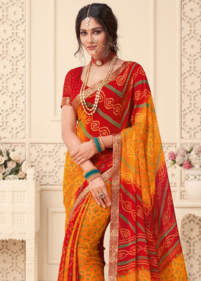 Red And Yellow Chiffon Printed Work Saree With Blouse - Indian Silk House Agencies