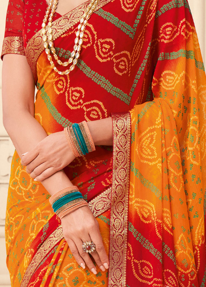 Red And Yellow Chiffon Printed Work Saree With Blouse - Indian Silk House Agencies