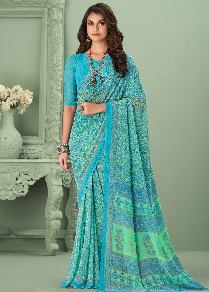 Sky Blue Georgette Printed Work Saree With Blouse - Indian Silk House Agencies