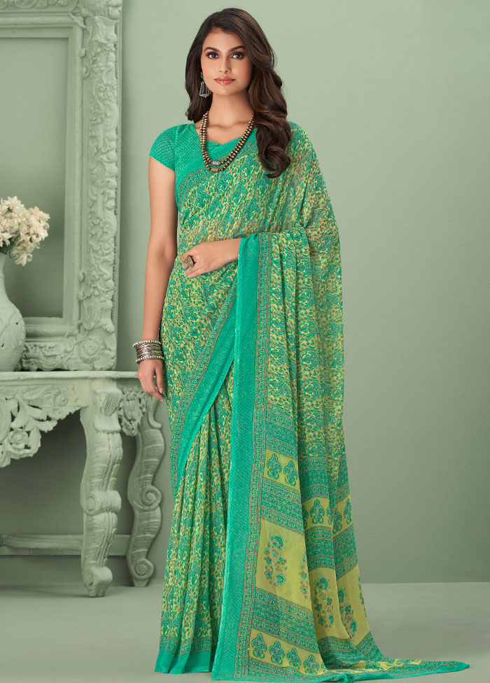 Sea Green Georgette Printed Work Saree With Blouse - Indian Silk House Agencies