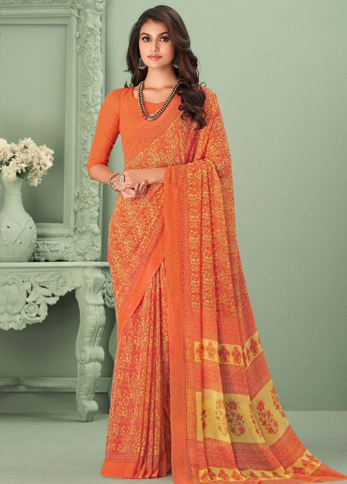Orange Georgette Printed Work Saree With Blouse - Indian Silk House Agencies