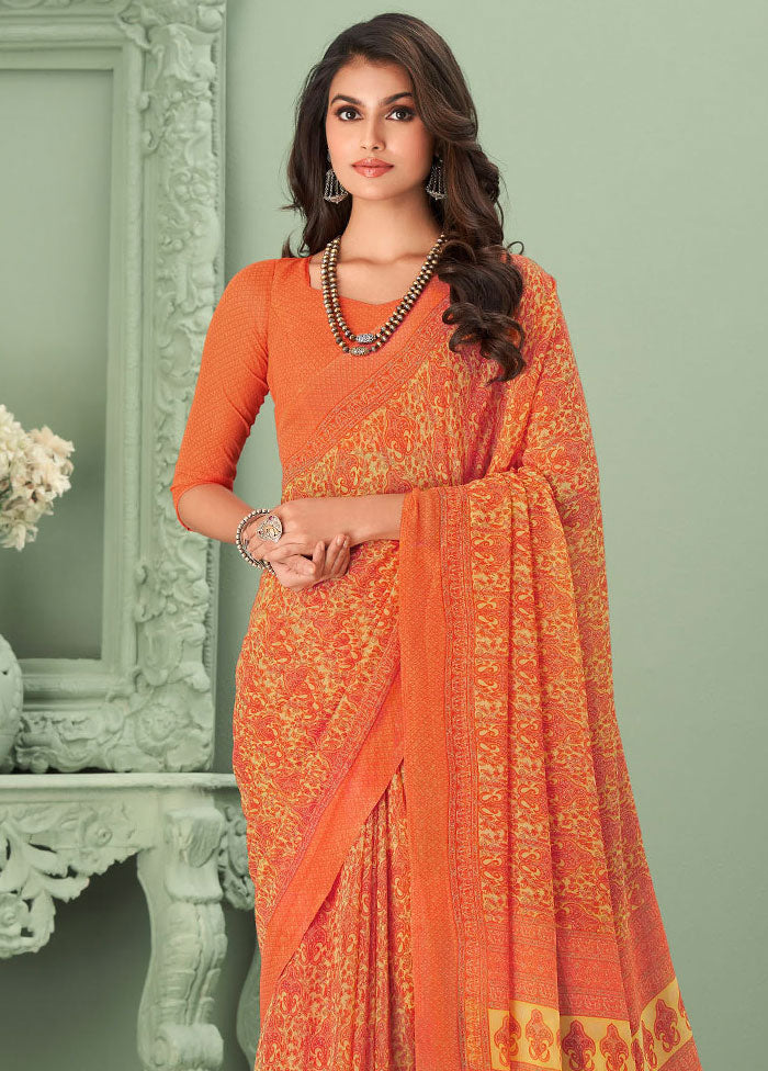 Orange Georgette Printed Work Saree With Blouse - Indian Silk House Agencies