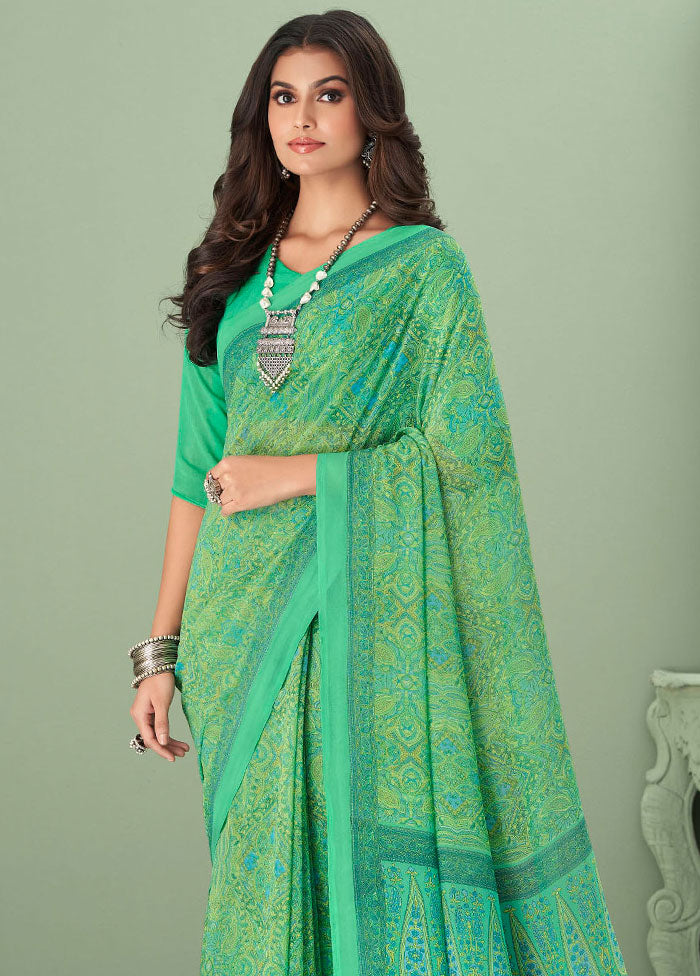 Pista Green Georgette Printed Work Saree With Blouse - Indian Silk House Agencies