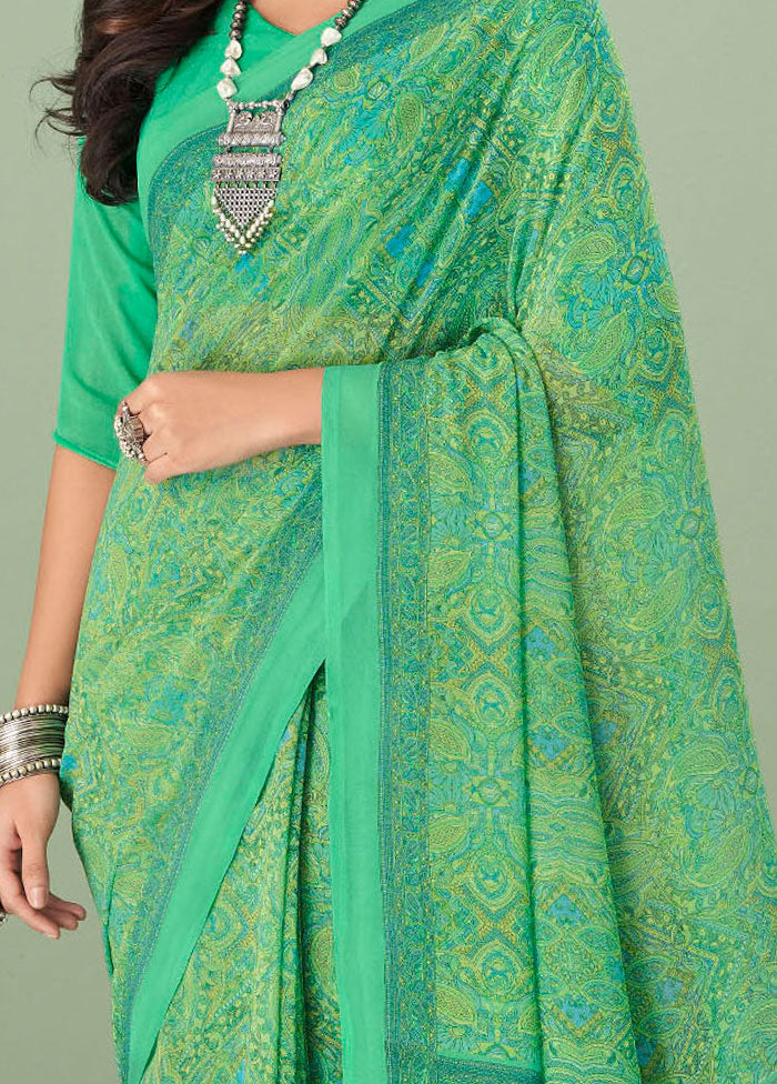Pista Green Georgette Printed Work Saree With Blouse - Indian Silk House Agencies