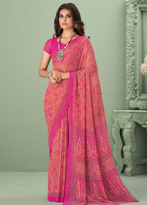 Peach And Pink Georgette Printed Work Saree With Blouse - Indian Silk House Agencies