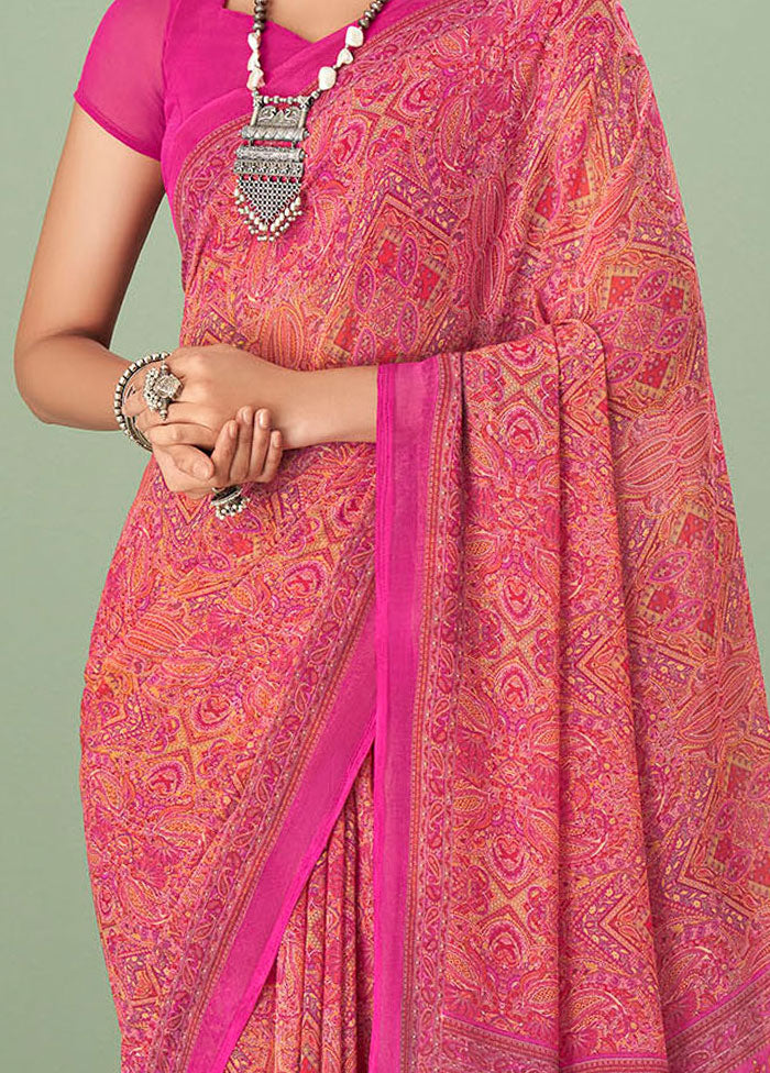 Peach And Pink Georgette Printed Work Saree With Blouse - Indian Silk House Agencies
