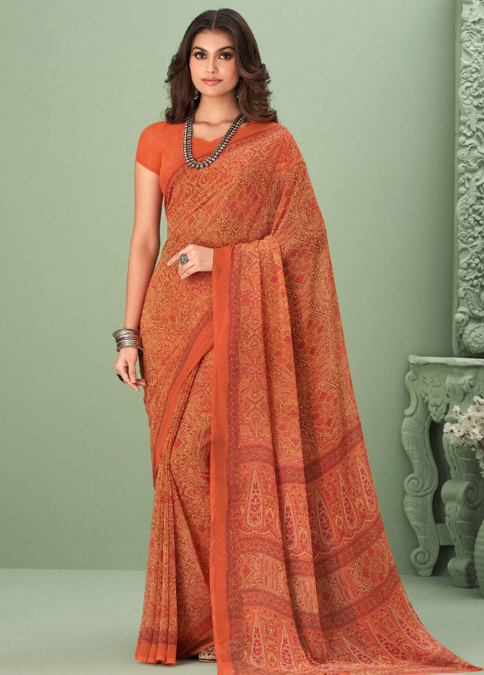 Rust Georgette Printed Work Saree With Blouse - Indian Silk House Agencies