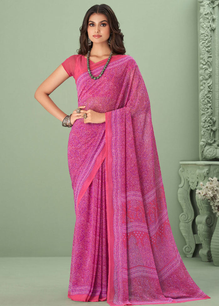 Pink Georgette Printed Work Saree With Blouse - Indian Silk House Agencies