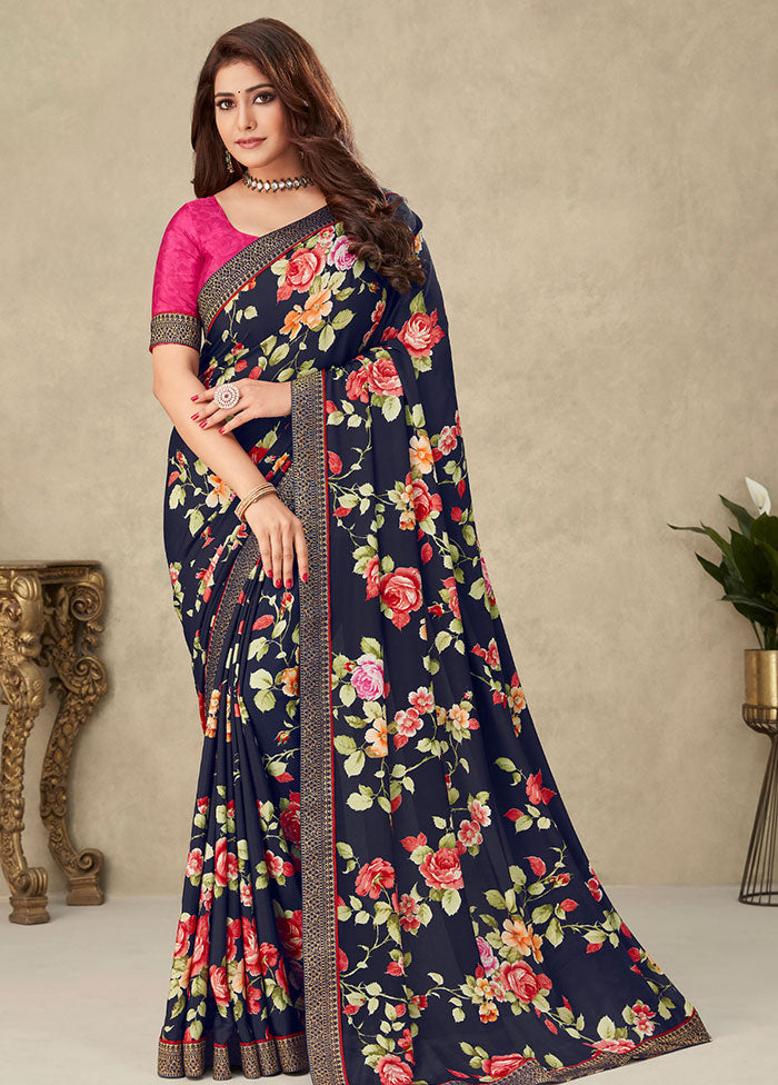 Navy Blue Georgette Saree With Blouse Piece - Indian Silk House Agencies