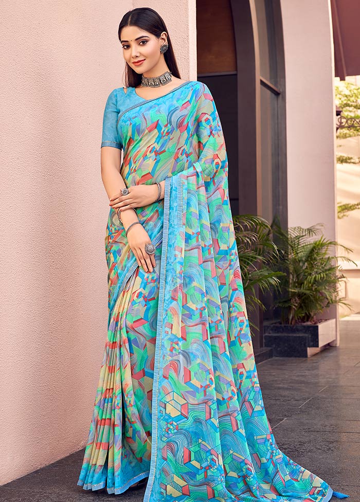 Sky Blue Chiffon Silk Saree With Blouse Piece - Indian Silk House Agencies