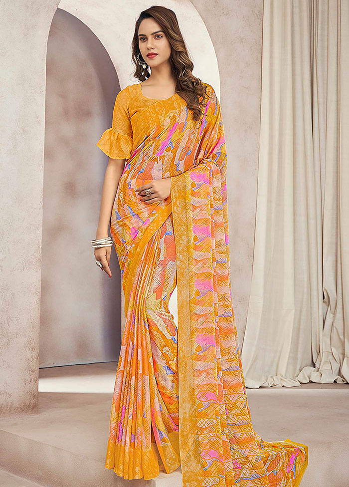 Yellow Chiffon Printed Work Saree With Blouse - Indian Silk House Agencies