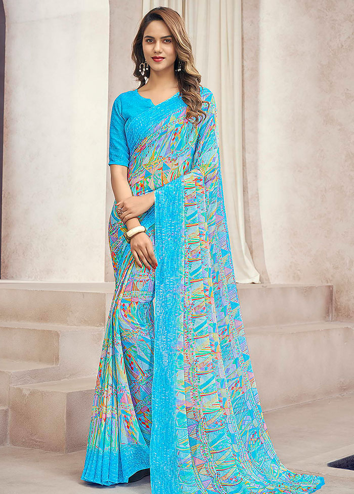 Sky Blue Chiffon Printed Work Saree With Blouse - Indian Silk House Agencies