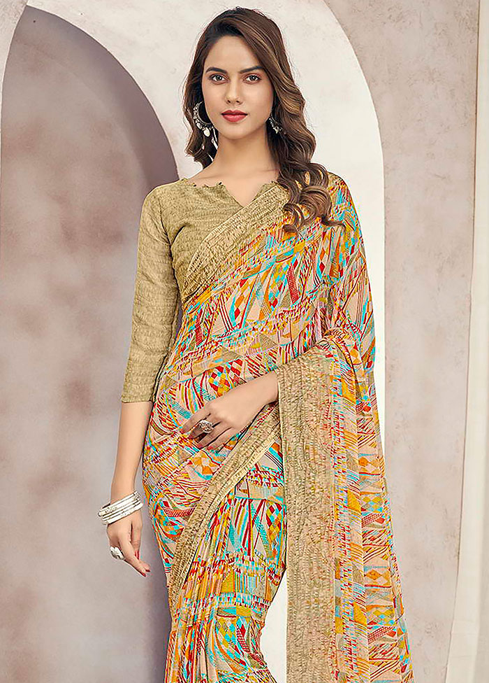 Beige Chiffon Printed Work Saree With Blouse - Indian Silk House Agencies