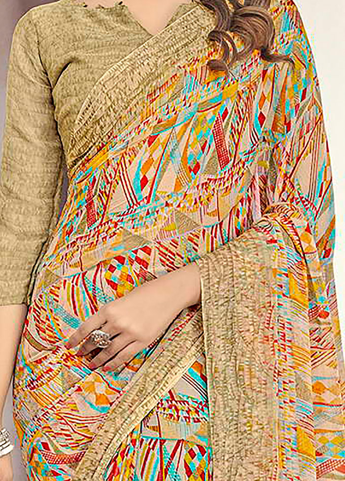 Beige Chiffon Printed Work Saree With Blouse - Indian Silk House Agencies