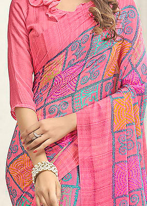 Pink Chiffon Printed Work Saree With Blouse - Indian Silk House Agencies
