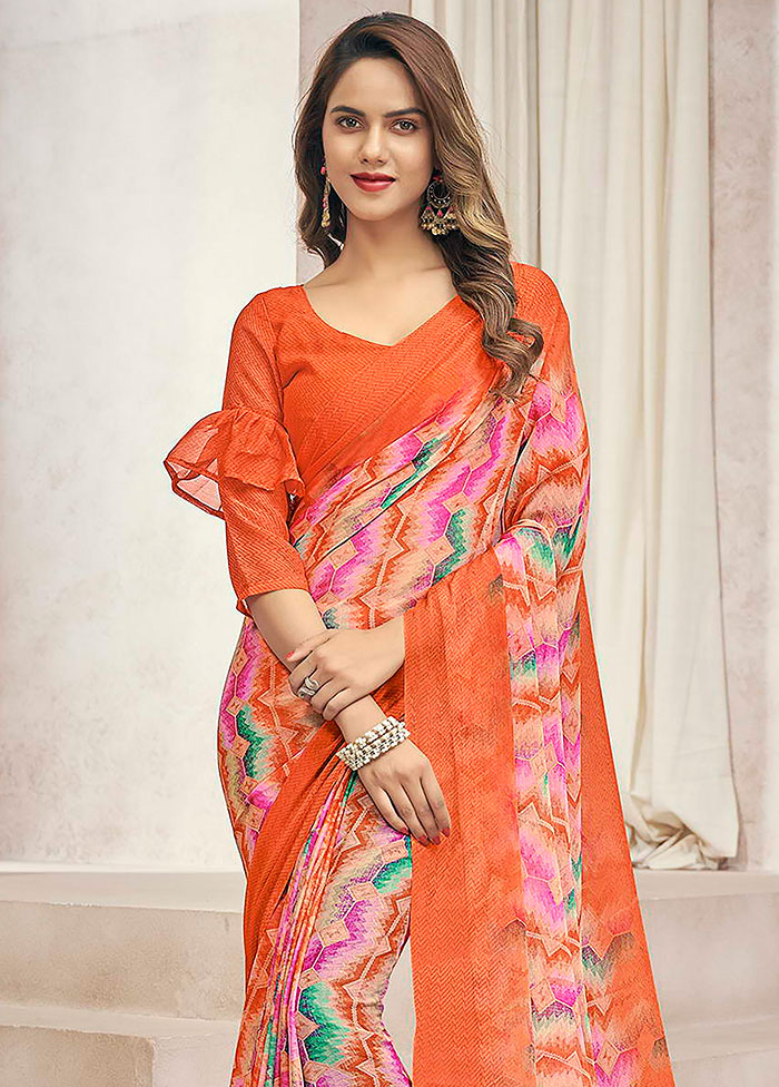 Orange And Peach Chiffon Printed Work Saree With Blouse - Indian Silk House Agencies