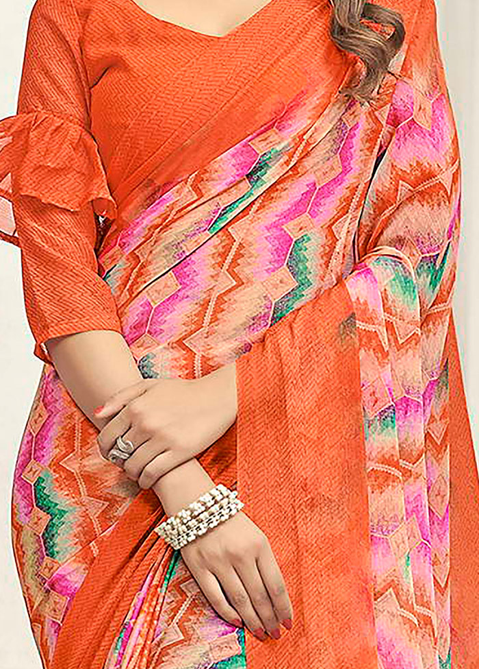 Orange And Peach Chiffon Printed Work Saree With Blouse - Indian Silk House Agencies