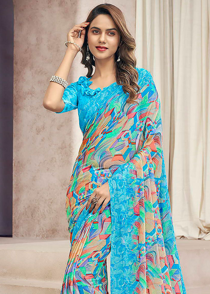 Sky Blue Chiffon Printed Work Saree With Blouse - Indian Silk House Agencies