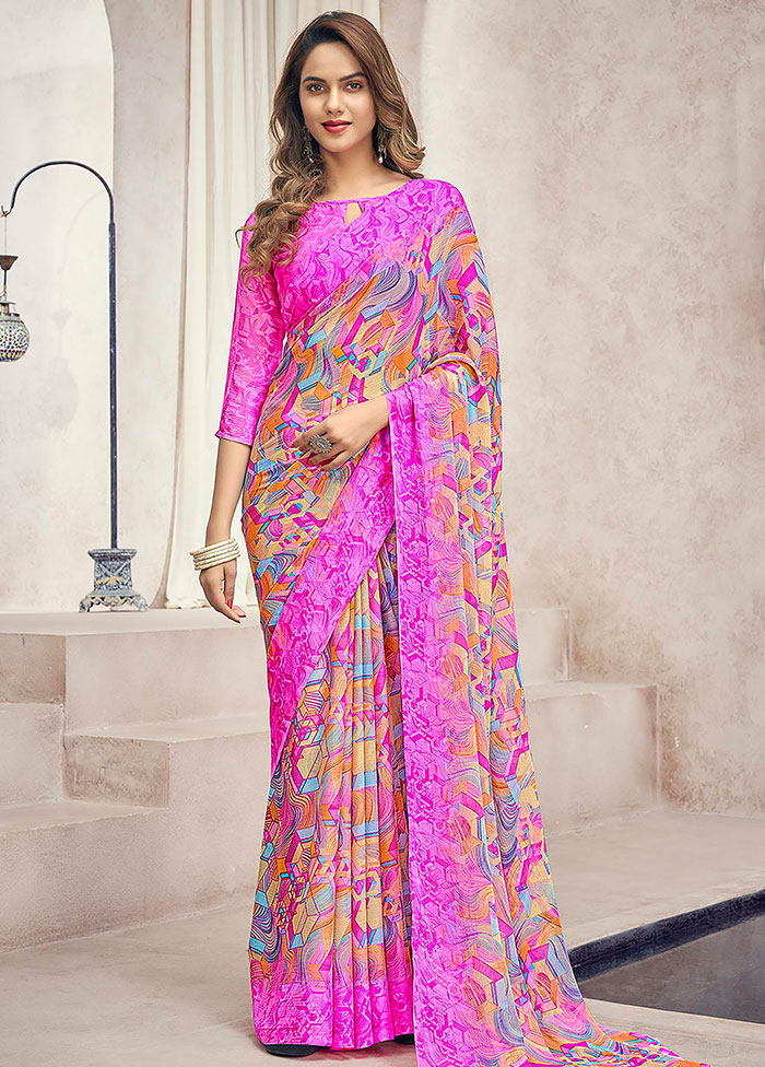 Taffy Pink Chiffon Printed Work Saree With Blouse - Indian Silk House Agencies